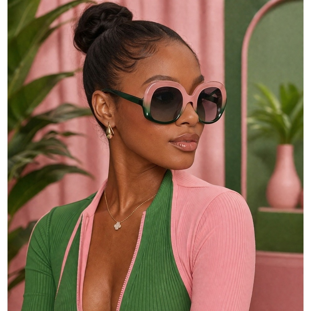 Womens Oversized Square Sunglasses Pink Green Gradient Frame Retro Shades - Picture 4 of 4
